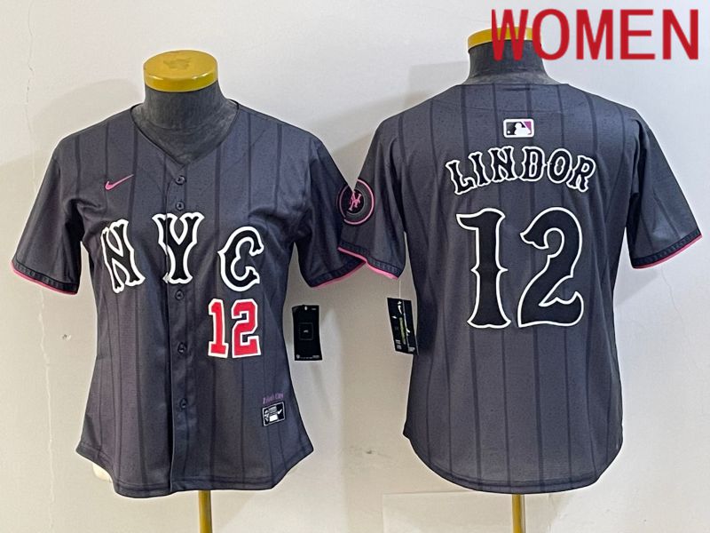 Women New York Mets #12 Lindor Black City Edition 2024 Nike MLB Jersey style 4